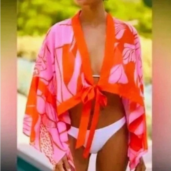 Anthropologie Tops - NWT Anthropologie tie-front Orange and Pink Floral Kimono style top. One size